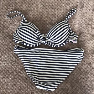Blue and white striped bathing suit